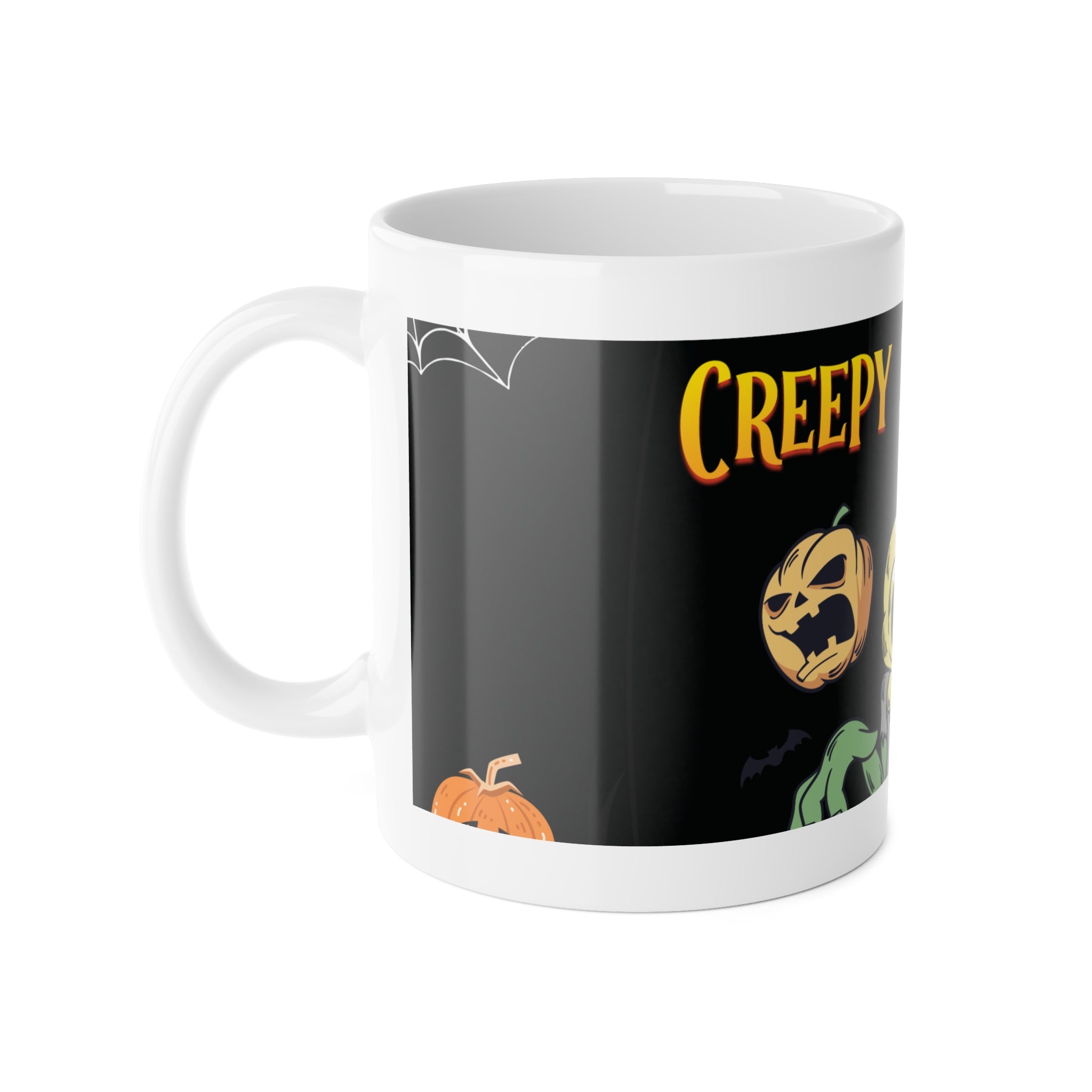 Creepy Skeletons and Ghosts | Spooky Halloween with Pumpkins | White Ceramic Mug